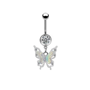 Macro shot of silver belly ring with holographic butterfly pendant and sparkling zircon stones