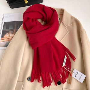 Dettaglio di sciarpa rossa con nappe ed etichette su un cappotto beige e rivista di moda