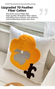 Detail of tulip towel embroidery on square cushion with soft 7D fiber cotton filling