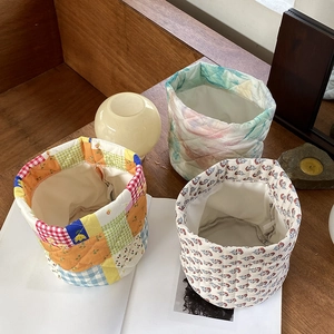Set of 3 cotton linen fabric storage baskets in patchwork, tie-dye and floral patterns