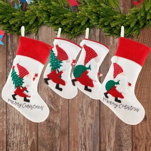 Nordic Style Christmas Stocking Velvet Felt Embroidered Santa Gnome Hanging Candy Gift Bag Fireplace Holiday Home Decor