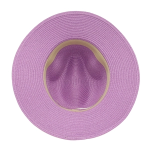 Detailed top view of purple straw fedora hat featuring yellow inner sweatband texture