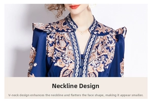 Detail of vintage floral print dress featuring V-neckline and small front buttons