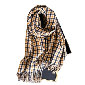 British style yellow plaid cashmere scarf with tassels for winter warmth and fashion