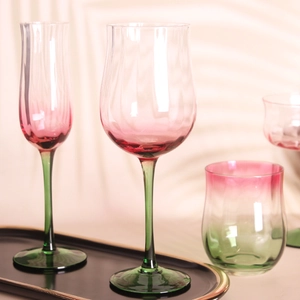 Vintage style hand-blown gradient color glass set with wine and champagne glasses