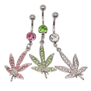Three-piece belly button ring set with rhinestone-encrusted maple leaf pendants
