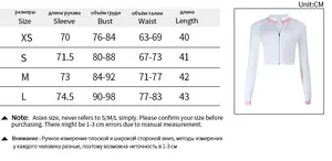 Detailed size chart for women's street style long sleeve hoodie with measurements in CM