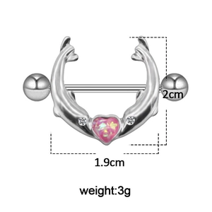 Macro view of silver dolphin nipple ring with pink opal heart and precise size dimensions