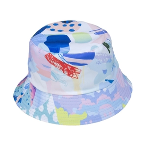 Summer graffiti sun bucket hat with colorful abstract print on a clean white background
