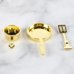 Miniature golden kitchen set with pans and spatula for dollhouse and micro scene decor
