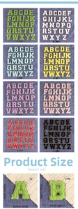 Detailed view of 5.5cm chenille letter patches with gold glitter border and vibrant colors