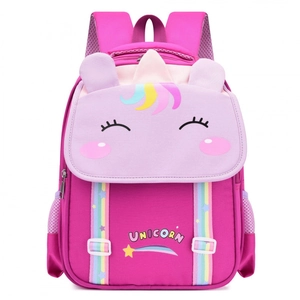Pink cartoon unicorn school backpack for girls with 3D horn and rainbow mane details