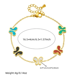 Golden stainless steel chain bracelet with five colorful butterfly pendants for women