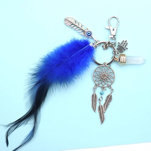 Detail of Hamsa Hand and evil eye keychain with blue feathers and crystal prism charm