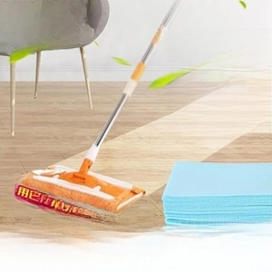 Microfiber flat mop set with orange telescopic handle and disposable blue cleaning pads