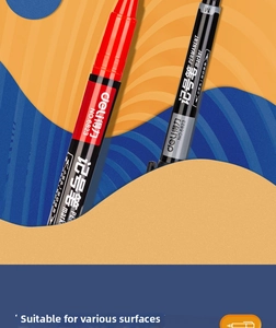 Close-up of Deli dual-tip permanent marker with red and black ink and pocket clip cap
