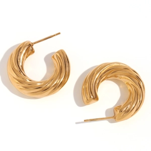 18K gold plated stainless steel hollow C-shaped hoop earrings with spiral twist texture