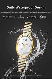 Gedi women quartz watch with gold oval case shown with splashing water for waterproof feature