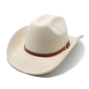 Western Cowboy Hat Wool Felt Wide Brim Fedora With Leather Band Metal Buckle Retro Jazz Sun Hat For Men Women
