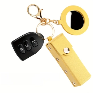 Portable Lipstick Holder Keychain PU Leather Pouch Bag Charm With Round Mirror Metal Keyring Rivet Decor For Women