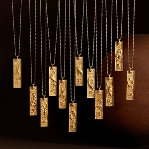 18K Gold Plated Stainless Steel Constellation Zodiac Tarot Card Pendant Necklace Vintage Astrological Jewelry For Women
