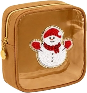 Detail of chenille embroidered snowman on brown cosmetic bag with a clear window