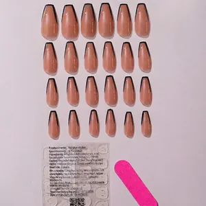 Minimalist nude coffin press-on nails with black French tips, glue tabs and mini nail file