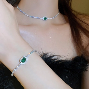 French luxury silver choker necklace and bracelet set with square green zircon stones