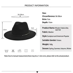 Classic wool jazz fedora hat size chart and specifications for men and women