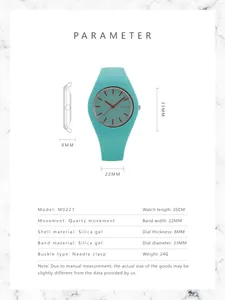 Detailed technical specification table showing quartz watch dimensions and silicone band size