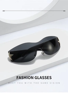 Fashionable rimless star sunglasses with black lenses and silver hardware on a white stand
