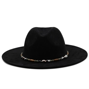 Detail of western cowboy hat featuring a black felt finish and ethnic beaded chain band