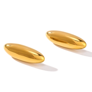 Polished golden stainless steel teardrop stud earrings for women on a white background