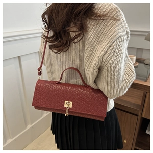 Detail of red woven leather texture with gold square buckle and detachable shoulder strap