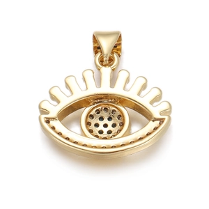 Detailed macro shot of a gold-plated evil eye pendant with micro-pave cubic zirconia