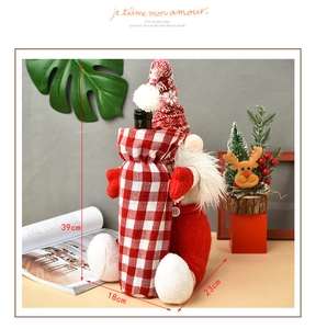 Christmas gnome wine bottle cover in red plaid fabric with size dimensions 39cm height