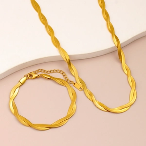 French vintage 18K gold double layer flat snake bone chain necklace and bracelet set