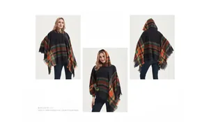 Detailed view of women's plaid hooded poncho with fringe trim from multiple angles