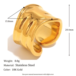 Irregular wide 18K gold plated stainless steel open ring with lava texture finish