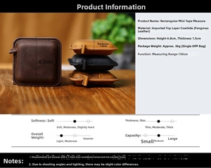 Square leather tape measure with detailed dimensions of 6.8cm height and 1.5cm thickness