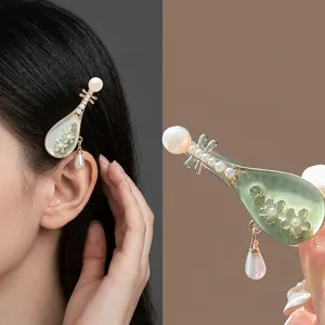 Pince À Cheveux En Forme De Pipa Alliage Style Chinois Émail Vert Avec Künstliche Perle Artificielle Décor Fleur Vintage Épingle À Cheveux Femme