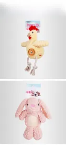 Detail of plush squeaky dog toys featuring chicken and rabbit designs with rope legs
