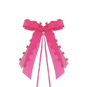 Hot pink organza wedding bow with 3D heart accents for car mirror and gift decor