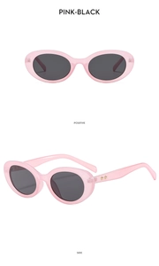 Pink oval frame sunglasses with gold stars on the side view and front view