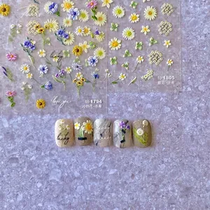 5D Relief Nail Art Stickers Floral Sunflower Daisy 3D Textured Self Adhesive Manicure Decoration Simple Japanese Style