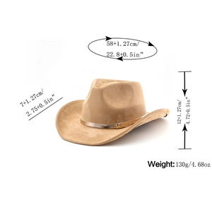 Dettaglio cappello cowboy in scamosciato kaki con fibbia dorata e misure del prodotto
