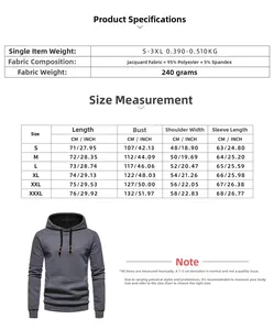 Size chart showing S to 3XL measurements for long sleeve hooded sweatshirt in jacquard fabric