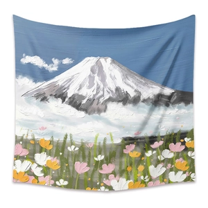Detail of oil painting style tapestry featuring Mount Fuji and vibrant floral field