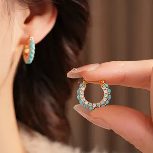 Luxury Hoop Earrings 18k Gold Plated Copper With Turquoise Resin Beads Zircon Vintage Style Jewelry Silver Earring Post