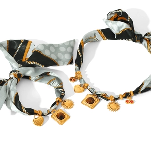 Stainless steel gold chain necklaces with silk ribbon and heart sun charms set